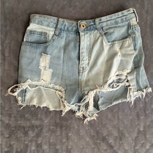 Blue Distressed Jean Shorts with Raw Hem